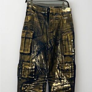 NWT Daisy Denim Metallic Gold & Black Cargo Wide Leg Jeans